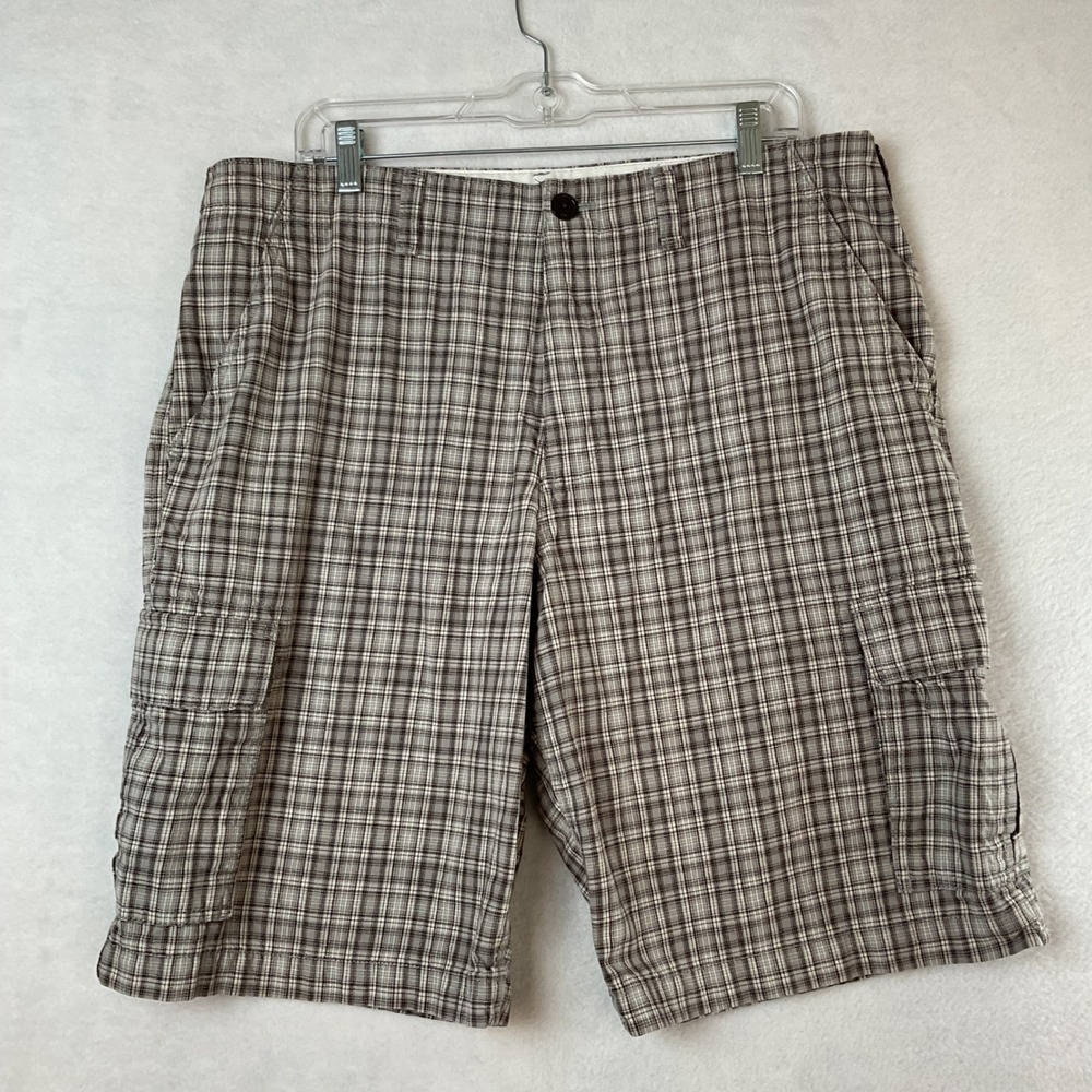 Eddie Bauer Mens Gray Brown Plaid Cotton Cargo Shorts Size 36 Outdoor Casual